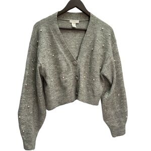 H&M Grey Long Sleeve V-Neck Pearl embellished Button Cropped Cardigan Size S